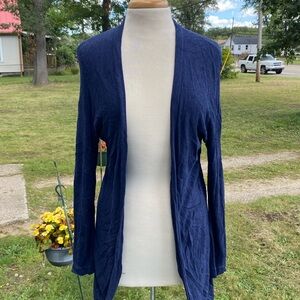 Tunic length, open front blue cardigan